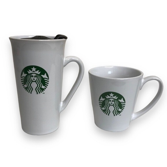 Starbucks Pair Mermaid Siren Logo Ceramic Coffee Cups 12 Oz Lid Travel 11 Oz Mug - Picture 1 of 11